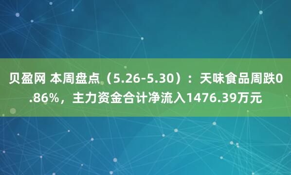 贝盈网 本周盘点（5.26-5.30）：天味食品周跌0.86%，主力资金合计净流入1476.39万元